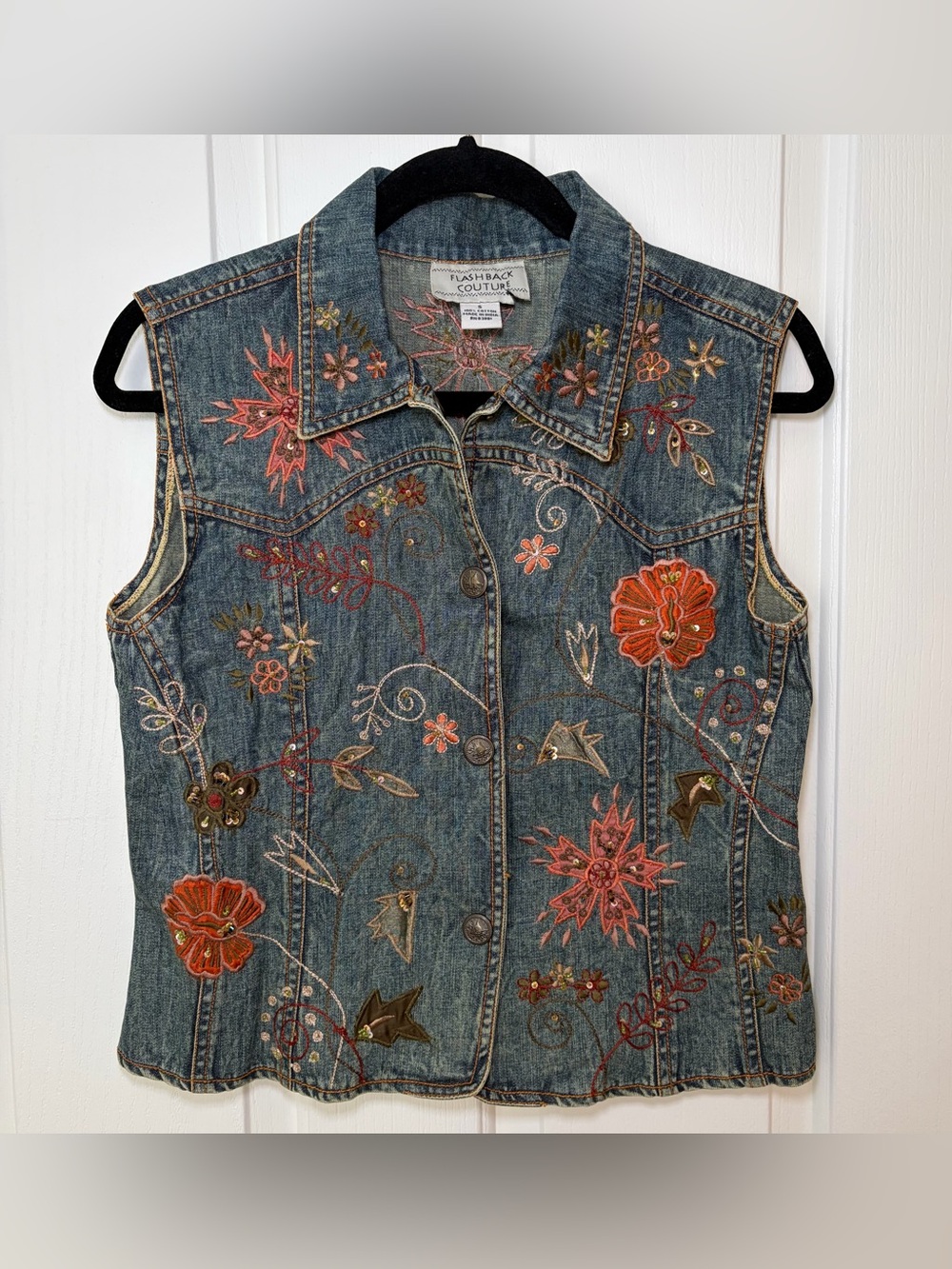 Retro Y2K Flashback Couture Embroidered Denim Sleeveless Vest Floral Boho Sz S